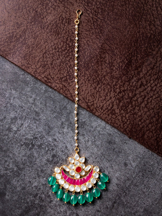 Women's Gold-Plated White & Pink Kundan-Studded Handcrafted Maang Tikka