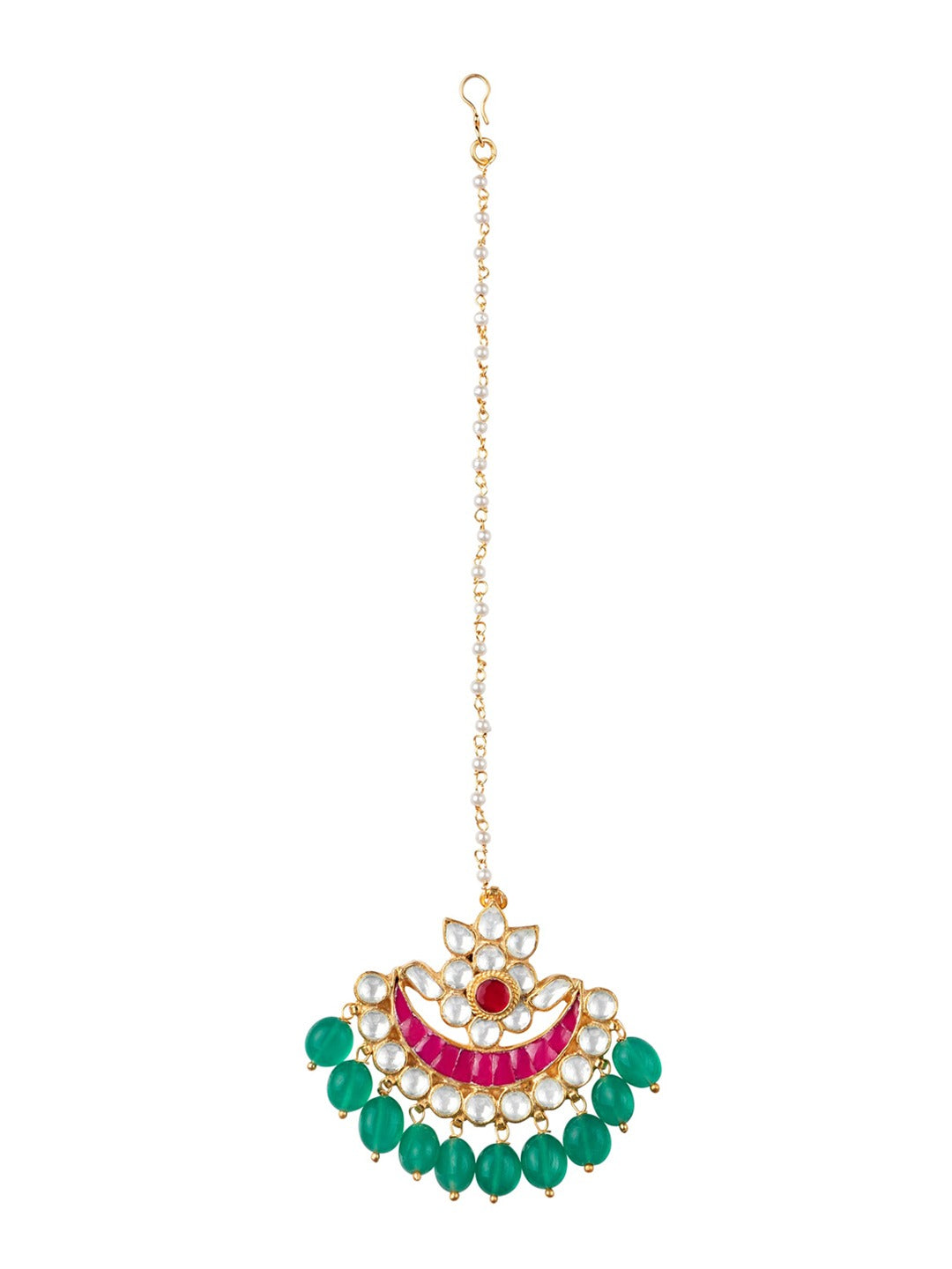 Women's Gold-Plated White & Pink Kundan-Studded Handcrafted Maang Tikka