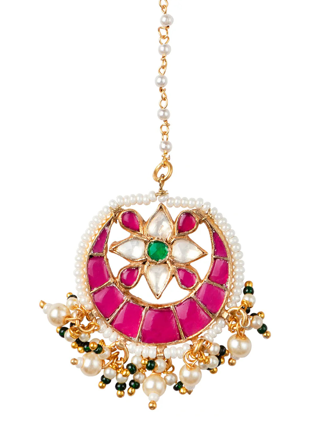 Women's 24K Gold-Plated Pink & White Kundan-Studded Pearl Embellished Handcrafted Maang Tikka