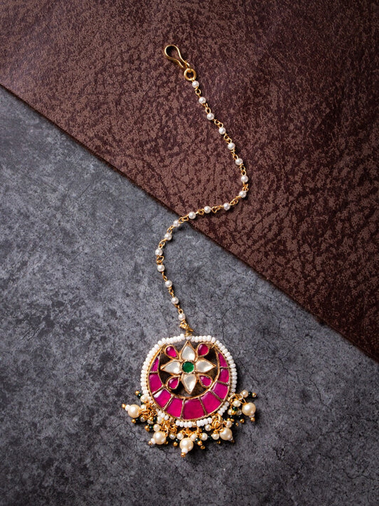 Women's 24K Gold-Plated Pink & White Kundan-Studded Pearl Embellished Handcrafted Maang Tikka