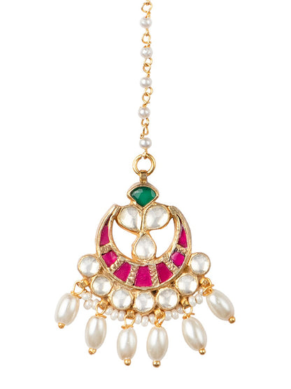 Women's 24K Gold-Plated White & Pink Kundan-Studded Pearl Embellished Handcrafted Maang Tikka