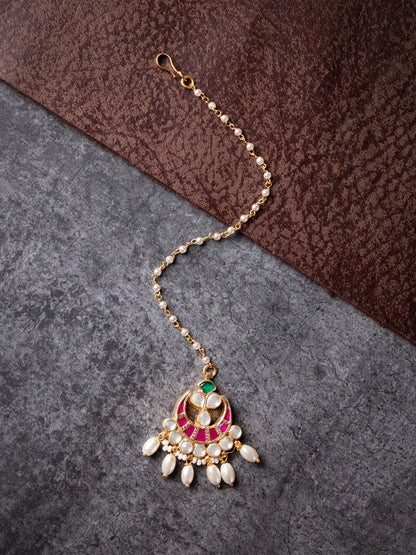 Women's 24K Gold-Plated White & Pink Kundan-Studded Pearl Embellished Handcrafted Maang Tikka