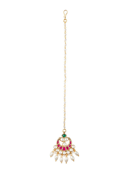 Women's 24K Gold-Plated White & Pink Kundan-Studded Pearl Embellished Handcrafted Maang Tikka