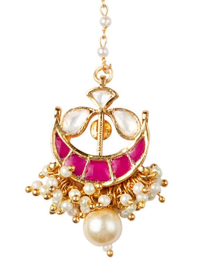 Women's 24K Gold-Plated Pink & White Kundan-Studded Pearl Embellished Handcrafted Maang Tikka