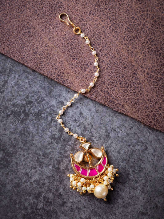 Women's 24K Gold-Plated Pink & White Kundan-Studded Pearl Embellished Handcrafted Maang Tikka