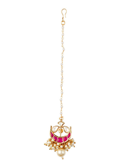 Women's 24K Gold-Plated Pink & White Kundan-Studded Pearl Embellished Handcrafted Maang Tikka