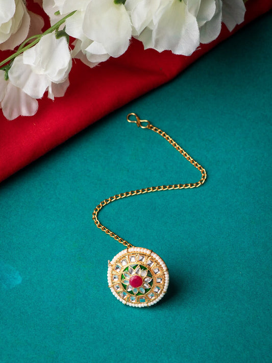 Women's Gold-Plated White & Pink Kundan-Studded & Pearl Beaded Borla Maang Tikka