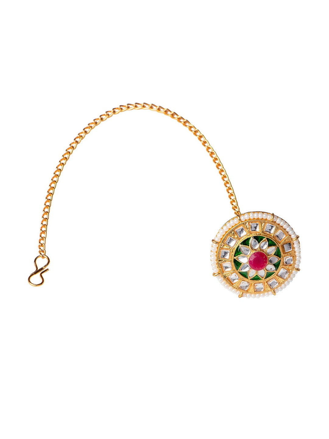 Women's Gold-Plated White & Pink Kundan-Studded & Pearl Beaded Borla Maang Tikka