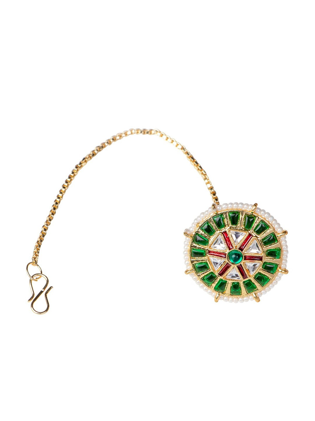 Women's Gold-Plated Green & White Beaded Borla Maang Tika