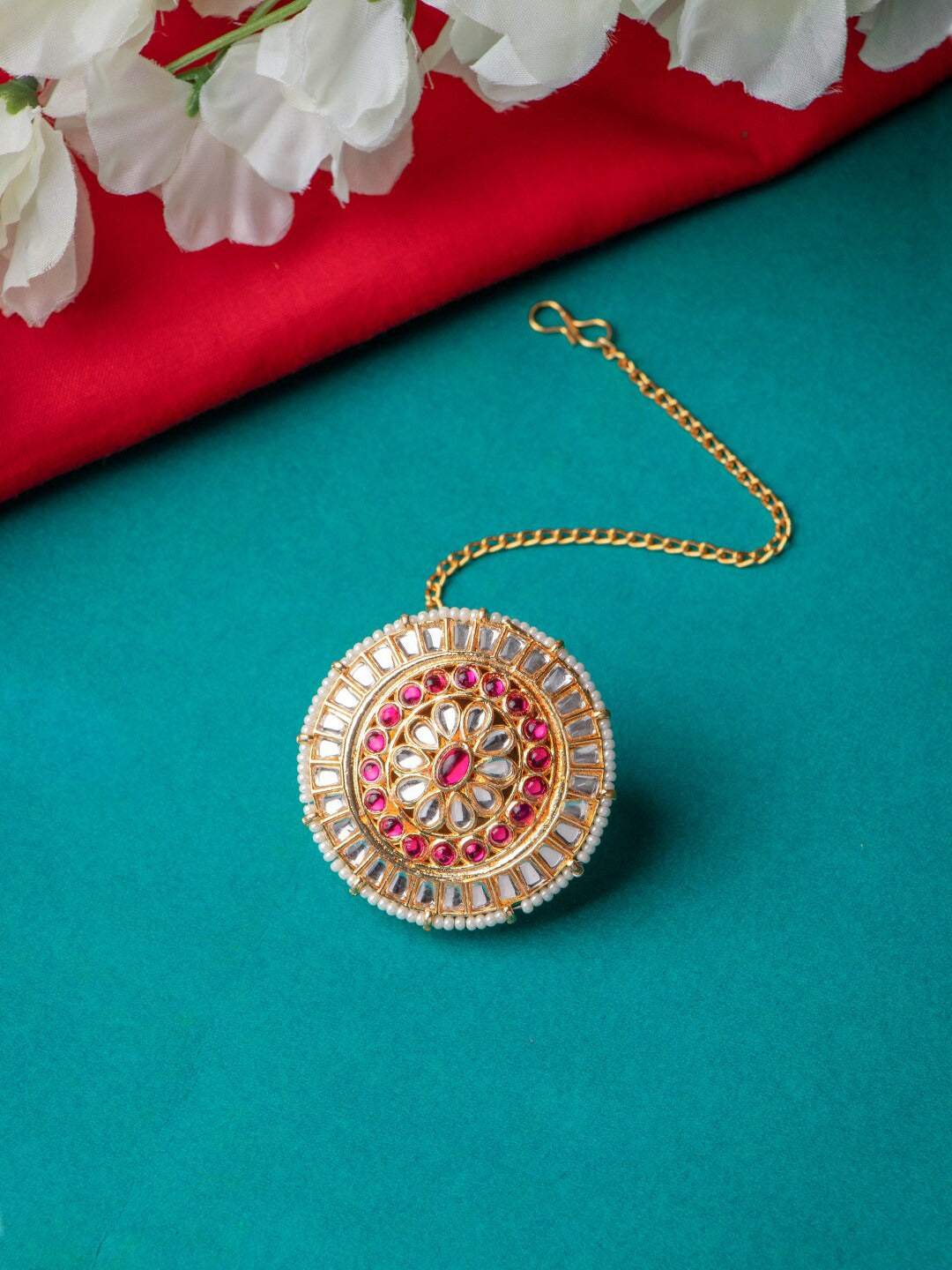 Women's Gold-Plated White & Pink Kundan-Studded & Pearl-Beaded Borla Maang Tika