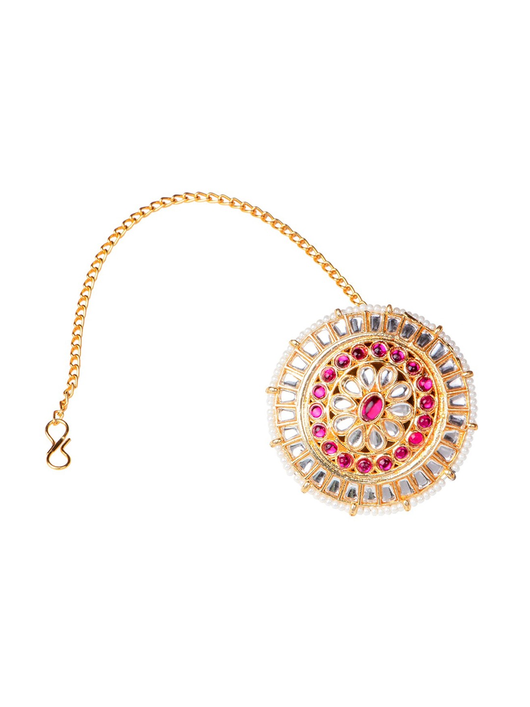 Women's Gold-Plated White & Pink Kundan-Studded & Pearl-Beaded Borla Maang Tika