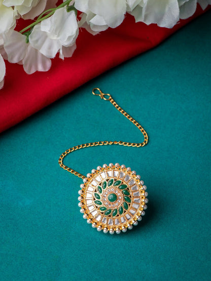 Women's Gold-Plated White & Green Kundan Stone Studded & Beaded Borla Maang Tikka