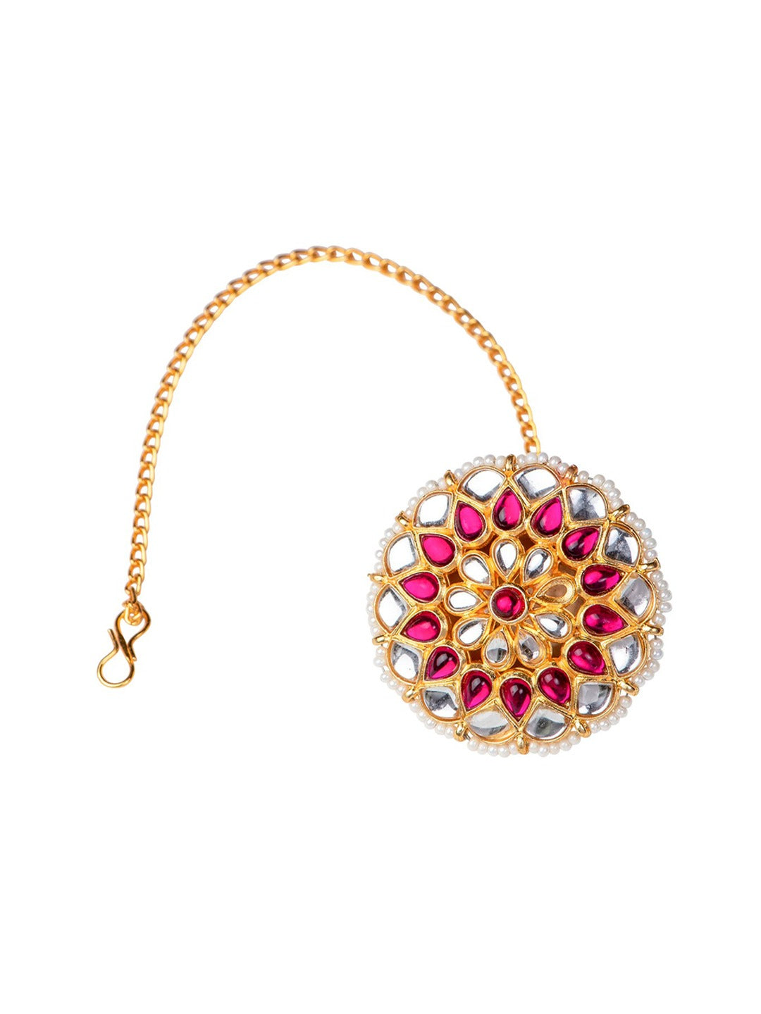 Women's Gold-Plated Pink & White Kundan-Studded & Pearls Beaded Borla Maang tikka