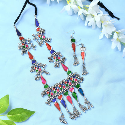 Traditional Multi color Afghani Necklace with Earrings Jkms_045