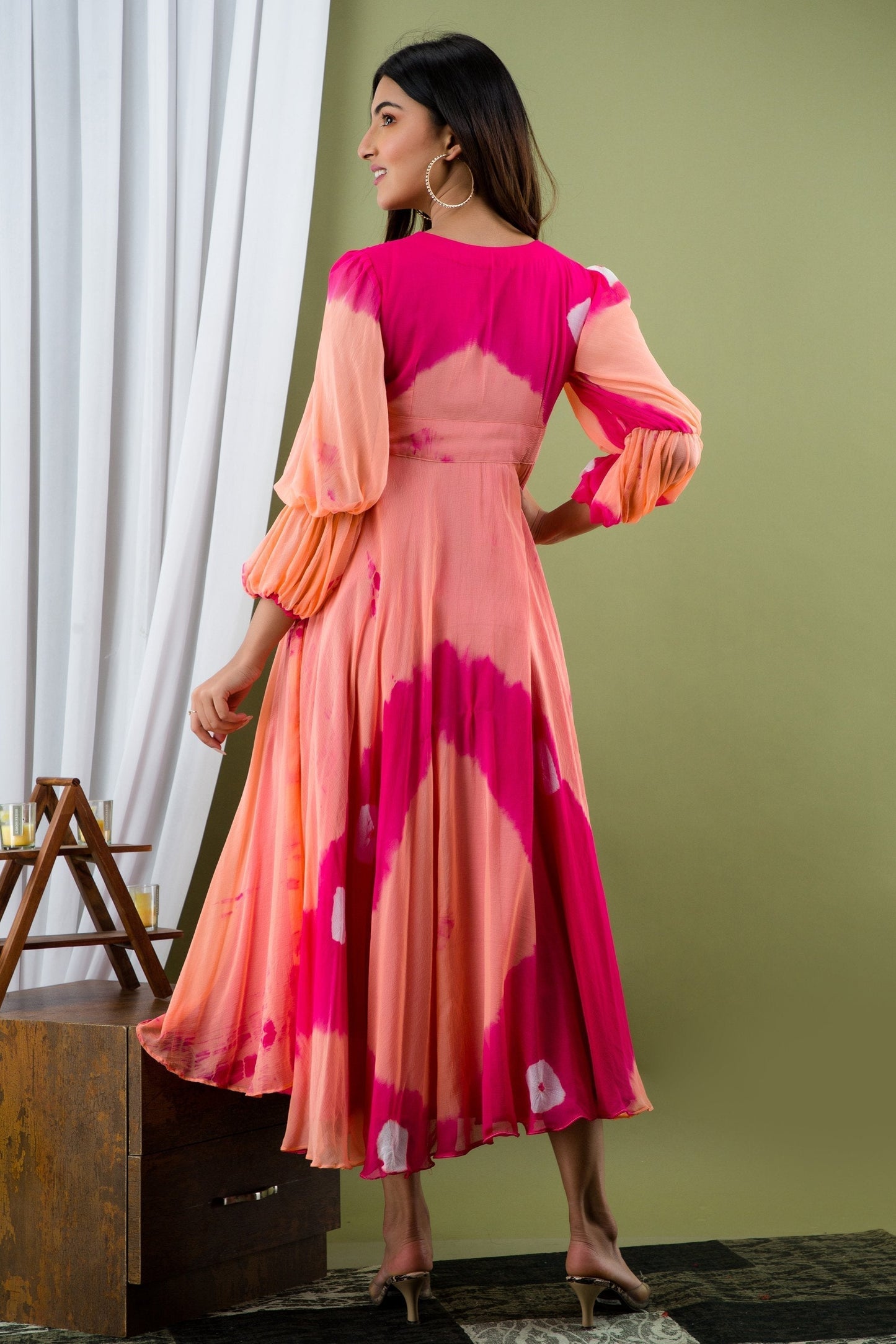 Women's Peach And Pink Tie Dye A-Line Fit And Flare Maxi Dress