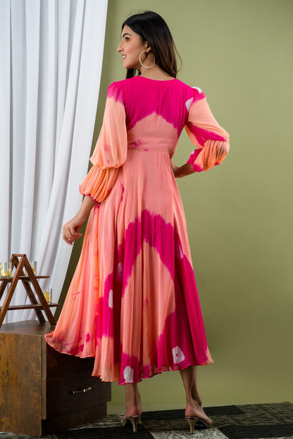 Women's Peach And Pink Tie Dye A-Line Fit And Flare Maxi Dress