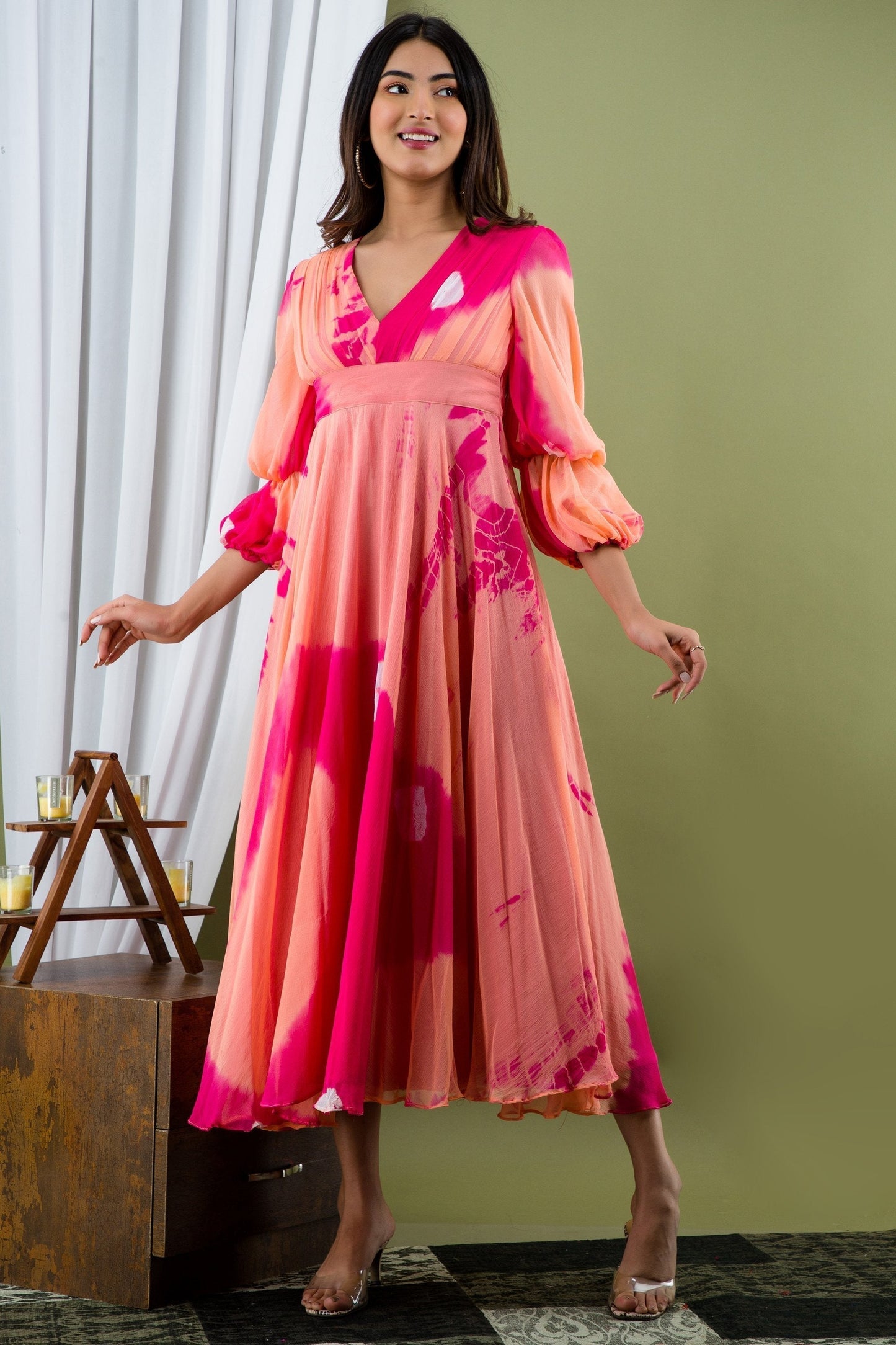 Women's Peach And Pink Tie Dye A-Line Fit And Flare Maxi Dress