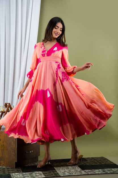 Women's Peach And Pink Tie Dye A-Line Fit And Flare Maxi Dress