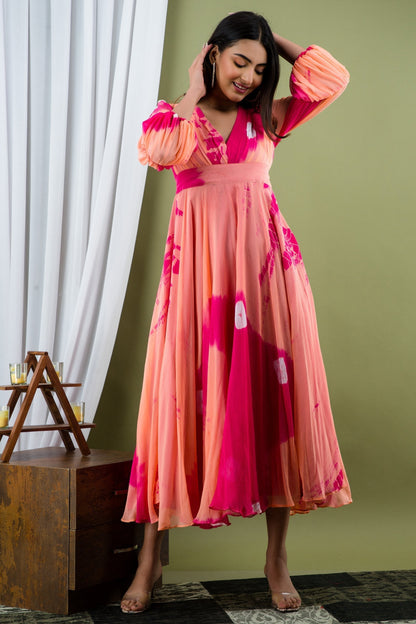 Women's Peach And Pink Tie Dye A-Line Fit And Flare Maxi Dress