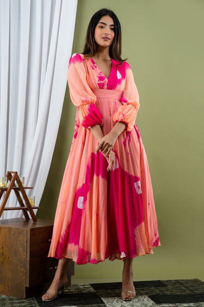 Women's Peach And Pink Tie Dye A-Line Fit And Flare Maxi Dress