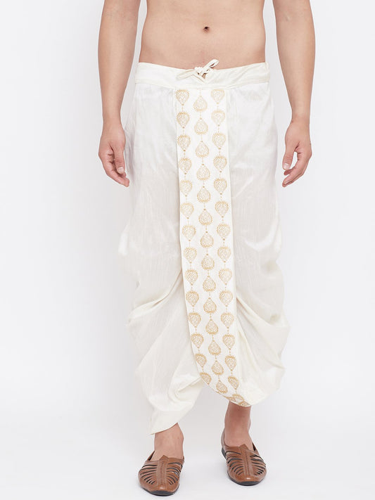 Men's Cream Silk Blend Embroidered Dhoti