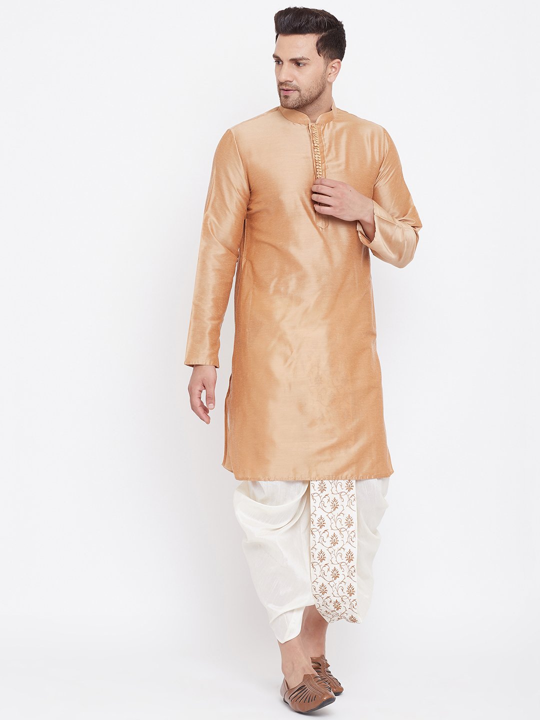 Men's Cream Silk Blend Embroidered Dhoti