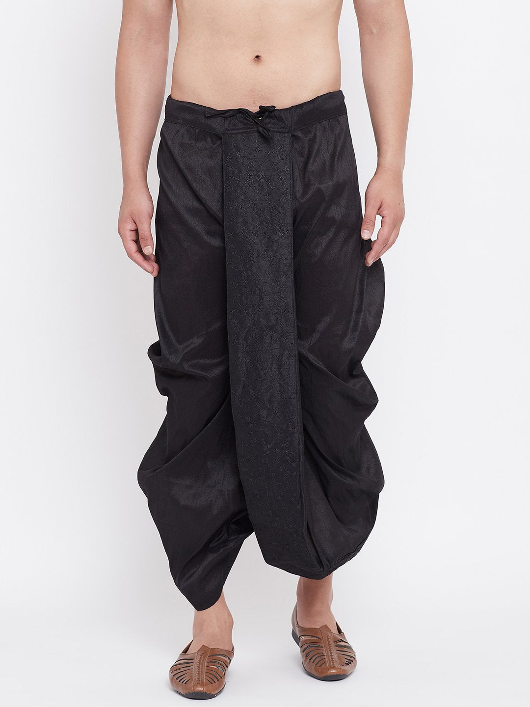 Men's Black Silk Blend Embroidered Dhoti