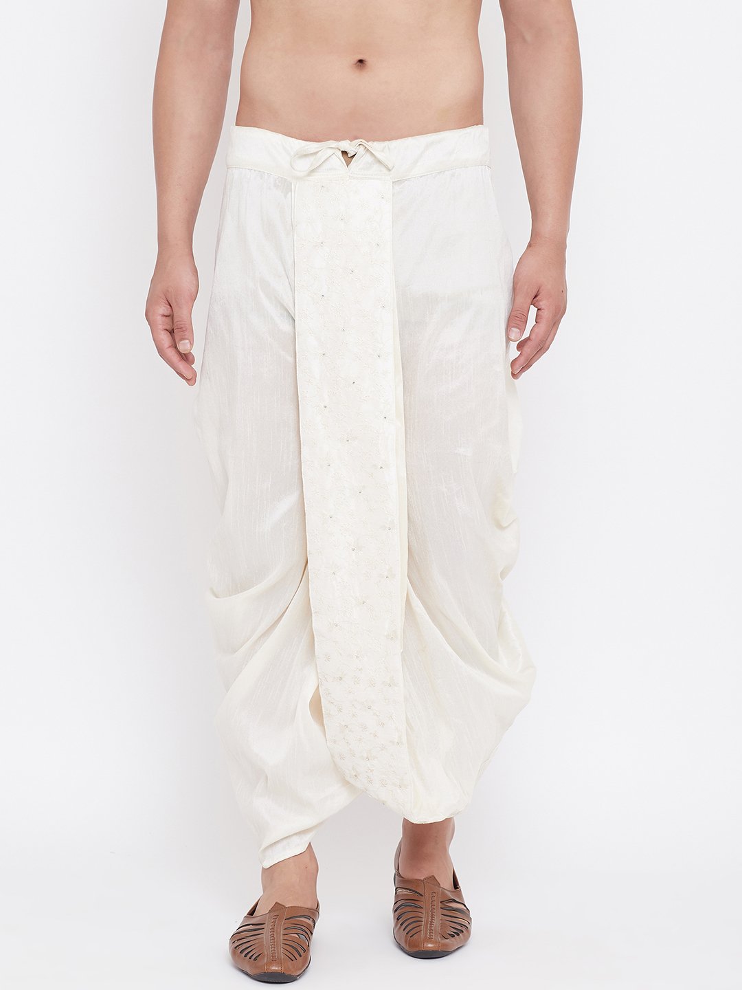 Men's Cream Silk Blend Embroidered Dhoti