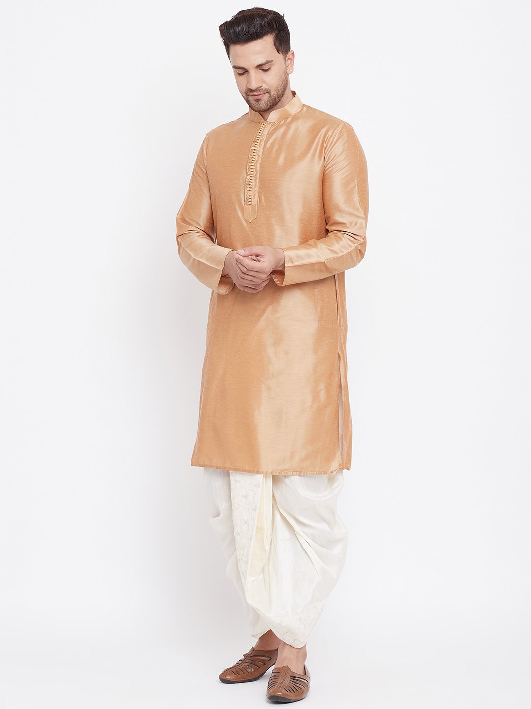 Men's Cream Silk Blend Embroidered Dhoti