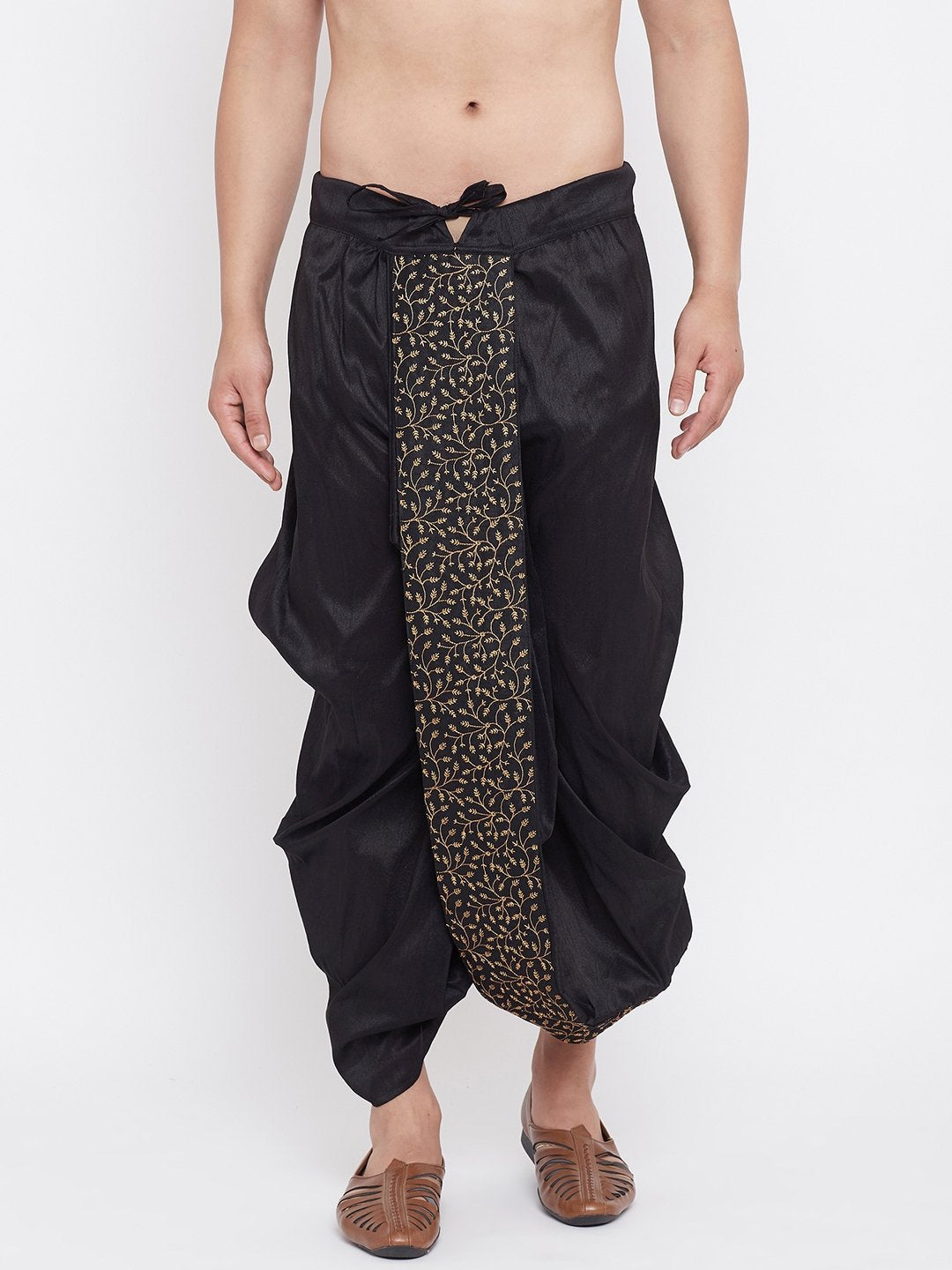 Men's Black Silk Blend Embroidered Dhoti