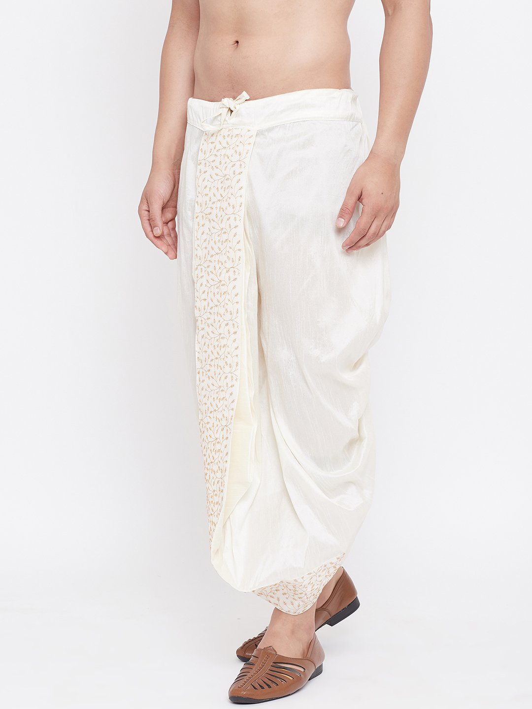 Men's Cream Silk Blend Embroidered Dhoti