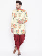 Men's Floral Printed Multicolor-Base-Cream And Maroon Silk Blend Sherwani Set