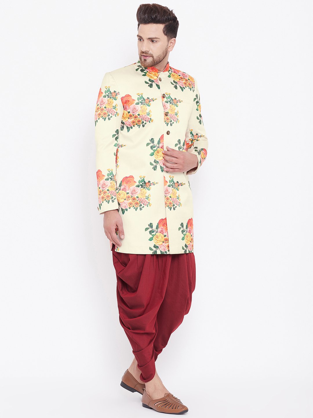 Men's Floral Printed Multicolor-Base-Cream And Maroon Silk Blend Sherwani Set