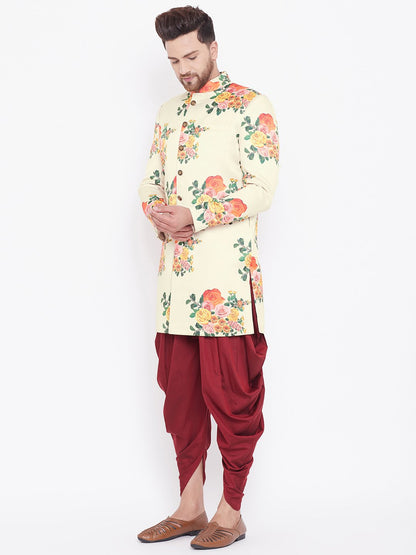 Men's Floral Printed Multicolor-Base-Cream And Maroon Silk Blend Sherwani Set