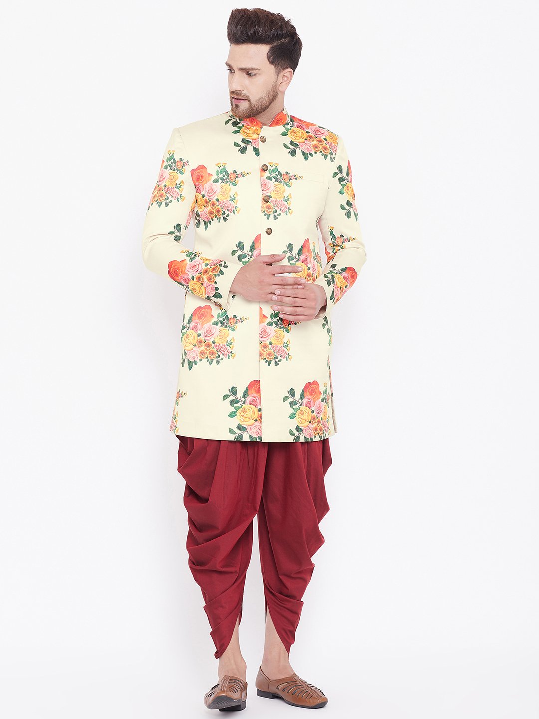 Men's Floral Printed Multicolor-Base-Cream And Maroon Silk Blend Sherwani Set