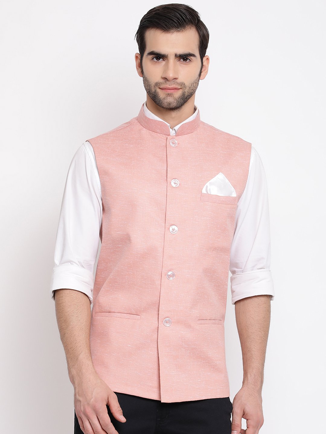 Men's Peach Solid Classic Royal Linen Nehru Jacket