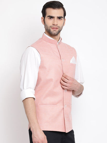 Men's Peach Solid Classic Royal Linen Nehru Jacket