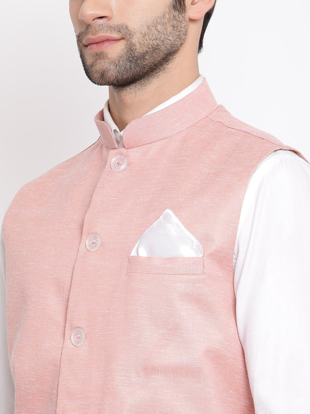 Men's Peach Solid Classic Royal Linen Nehru Jacket