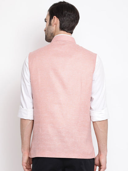 Men's Peach Solid Classic Royal Linen Nehru Jacket