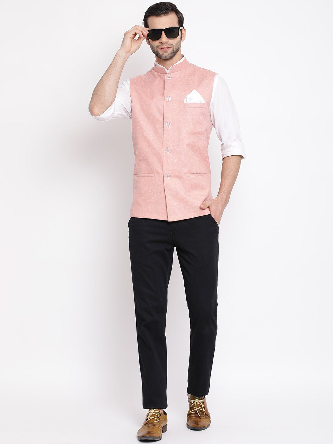 Men's Peach Solid Classic Royal Linen Nehru Jacket