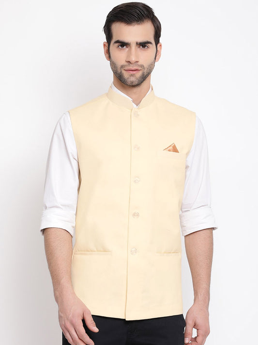 Men's Cream Solid Classic Royal Linen Nehru Jacket