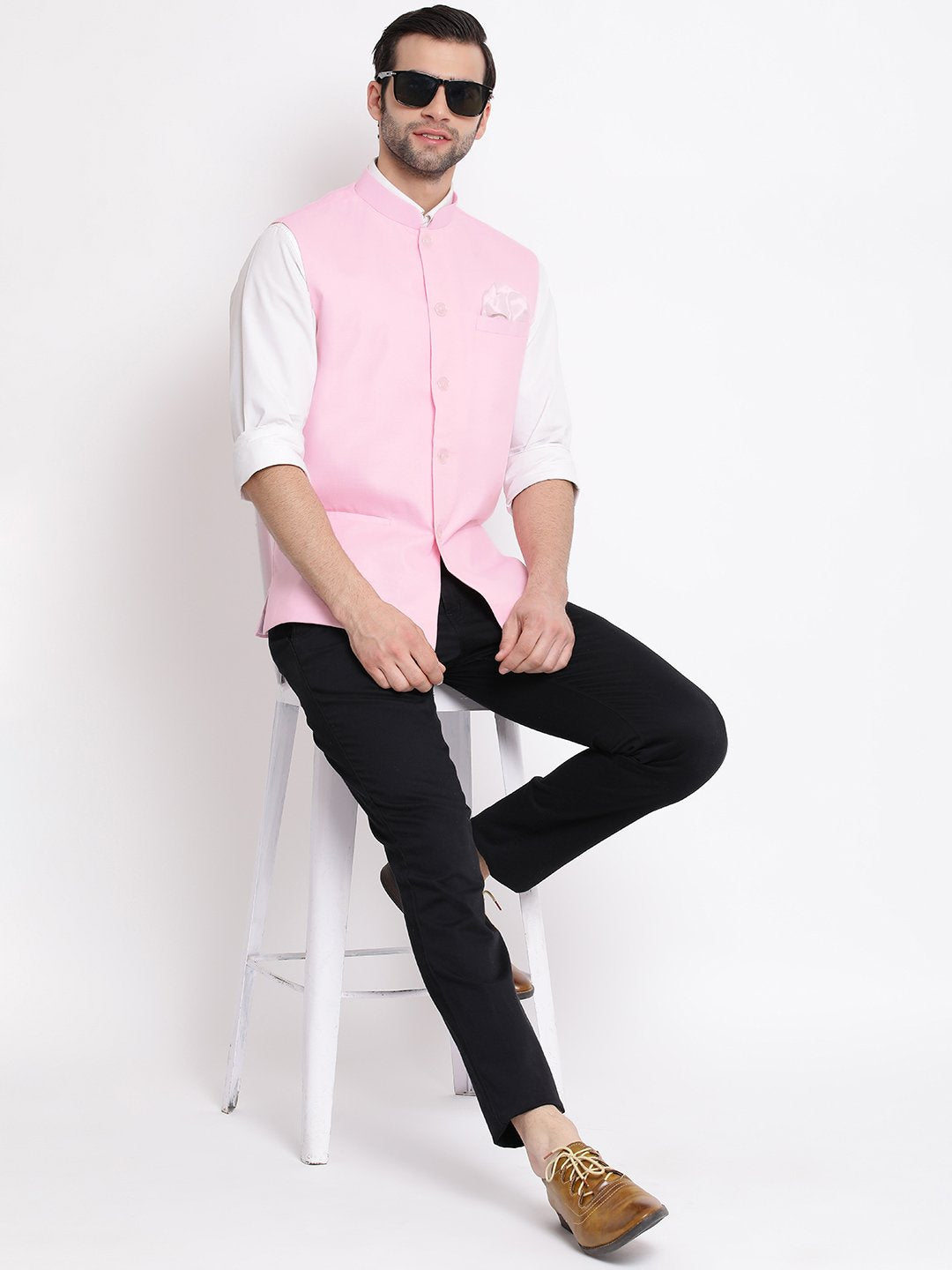 Men's Pink Solid Classic Royal Linen Nehru Jacket