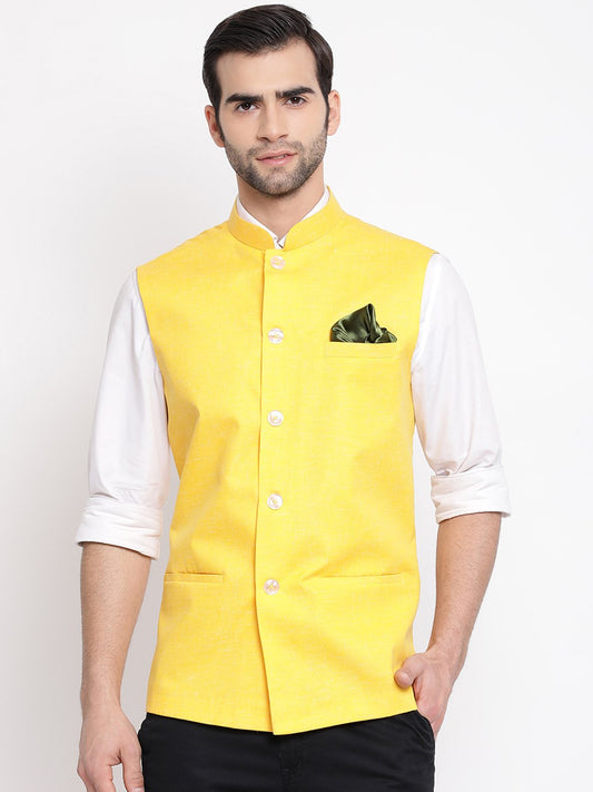 Men's Yellow Solid Classic Royal Linen Nehru Jacket