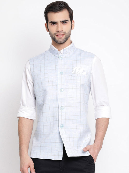 Men's Blue Checkered Classic Linen Nehru Jacket