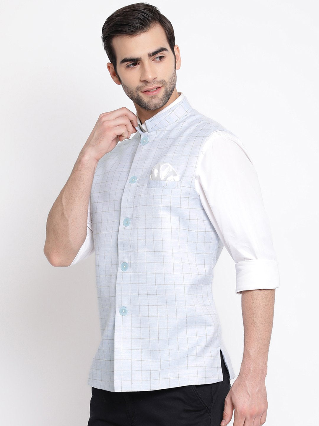 Men's Blue Checkered Classic Linen Nehru Jacket