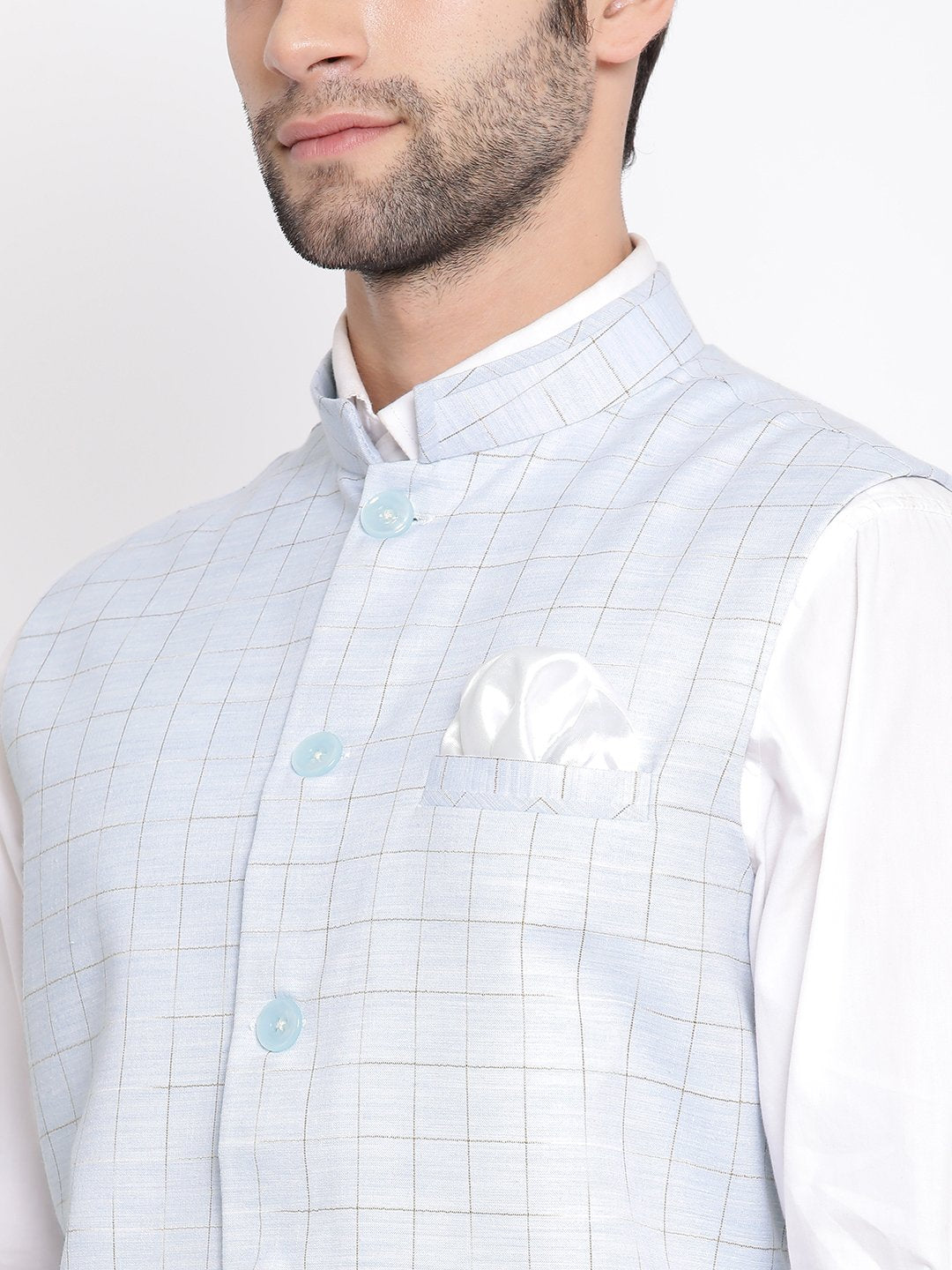 Men's Blue Checkered Classic Linen Nehru Jacket