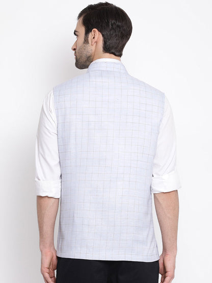 Men's Blue Checkered Classic Linen Nehru Jacket