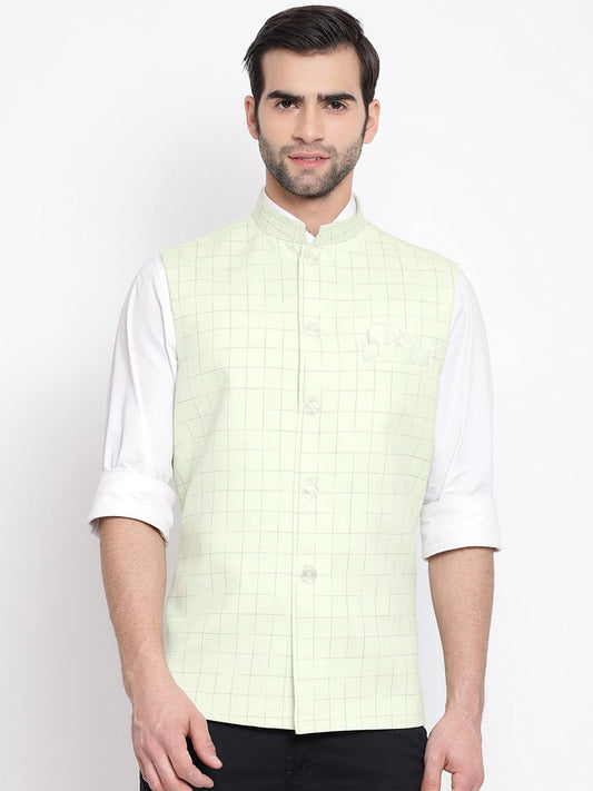 Men's Mint Green Checkered Classic Linen Nehru Jacket