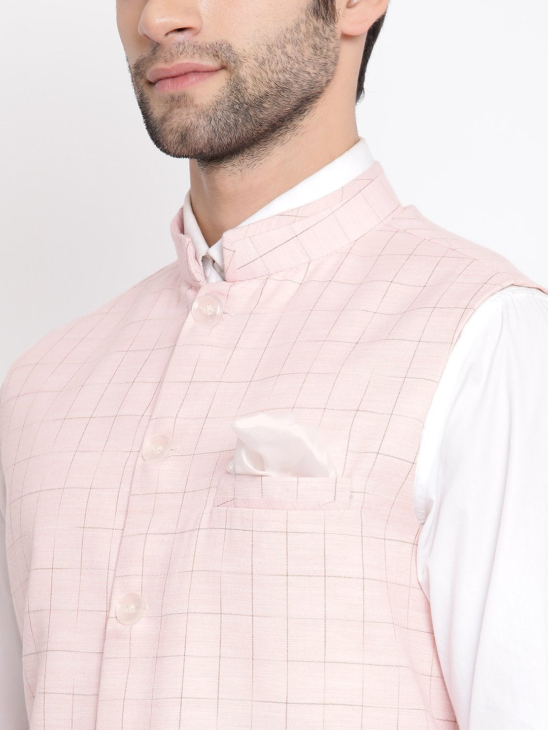 Men's Pink Checkered Classic Linen Nehru Jacket