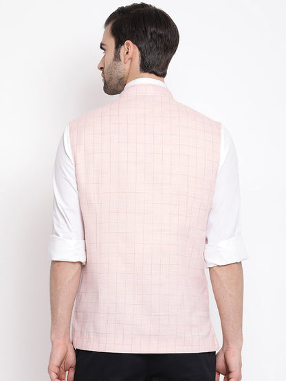 Men's Pink Checkered Classic Linen Nehru Jacket